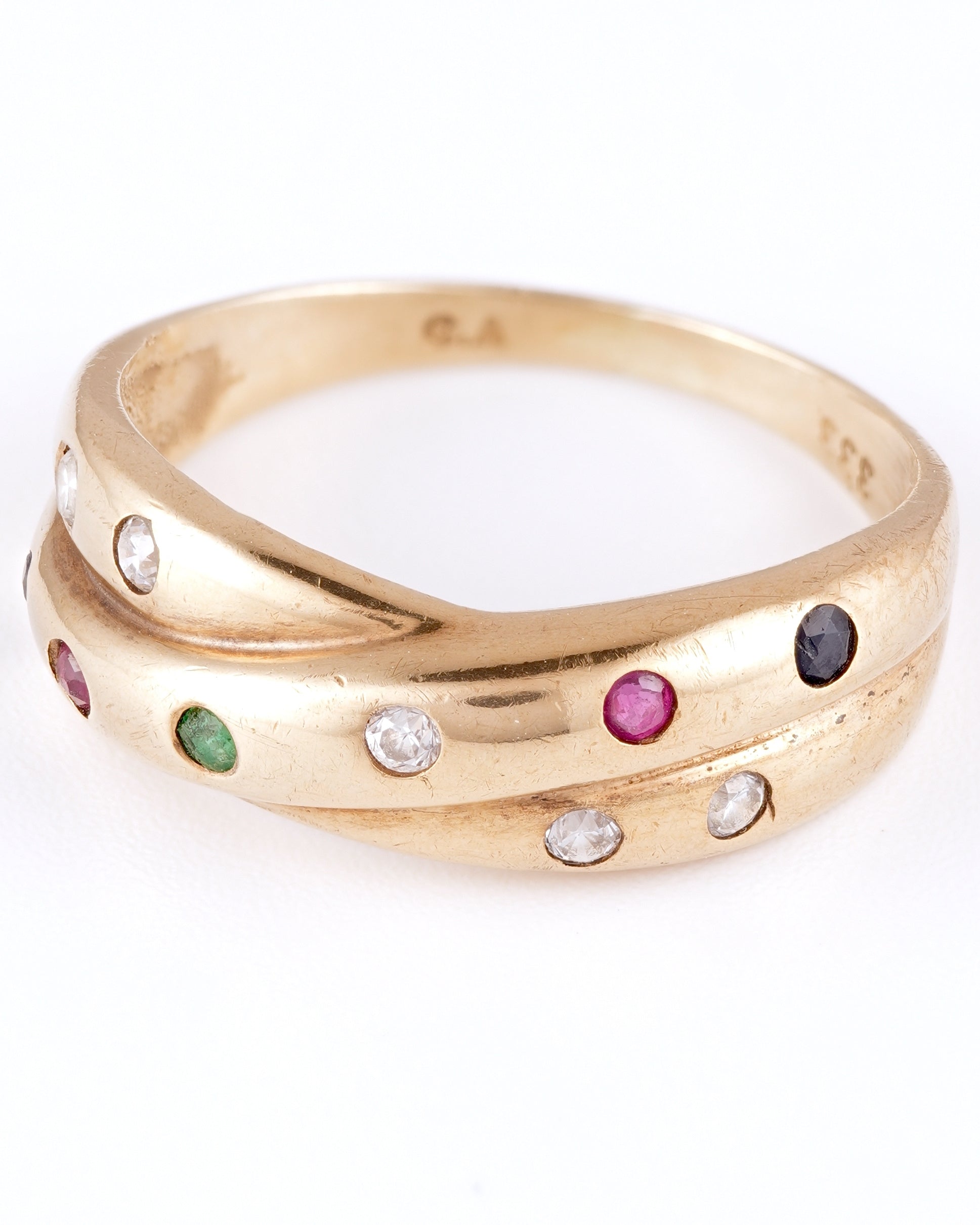 Verspielter Vintage-Ring im Crossover-Design mit bunten Edelstein-Akzenten