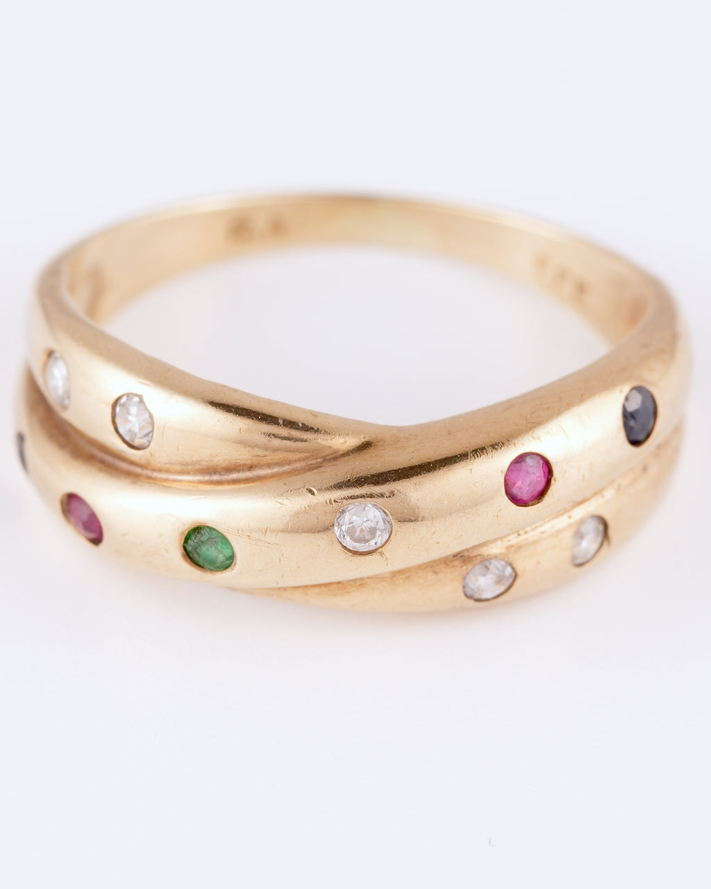 Verspielter Vintage-Ring im Crossover-Design mit bunten Edelstein-Akzenten