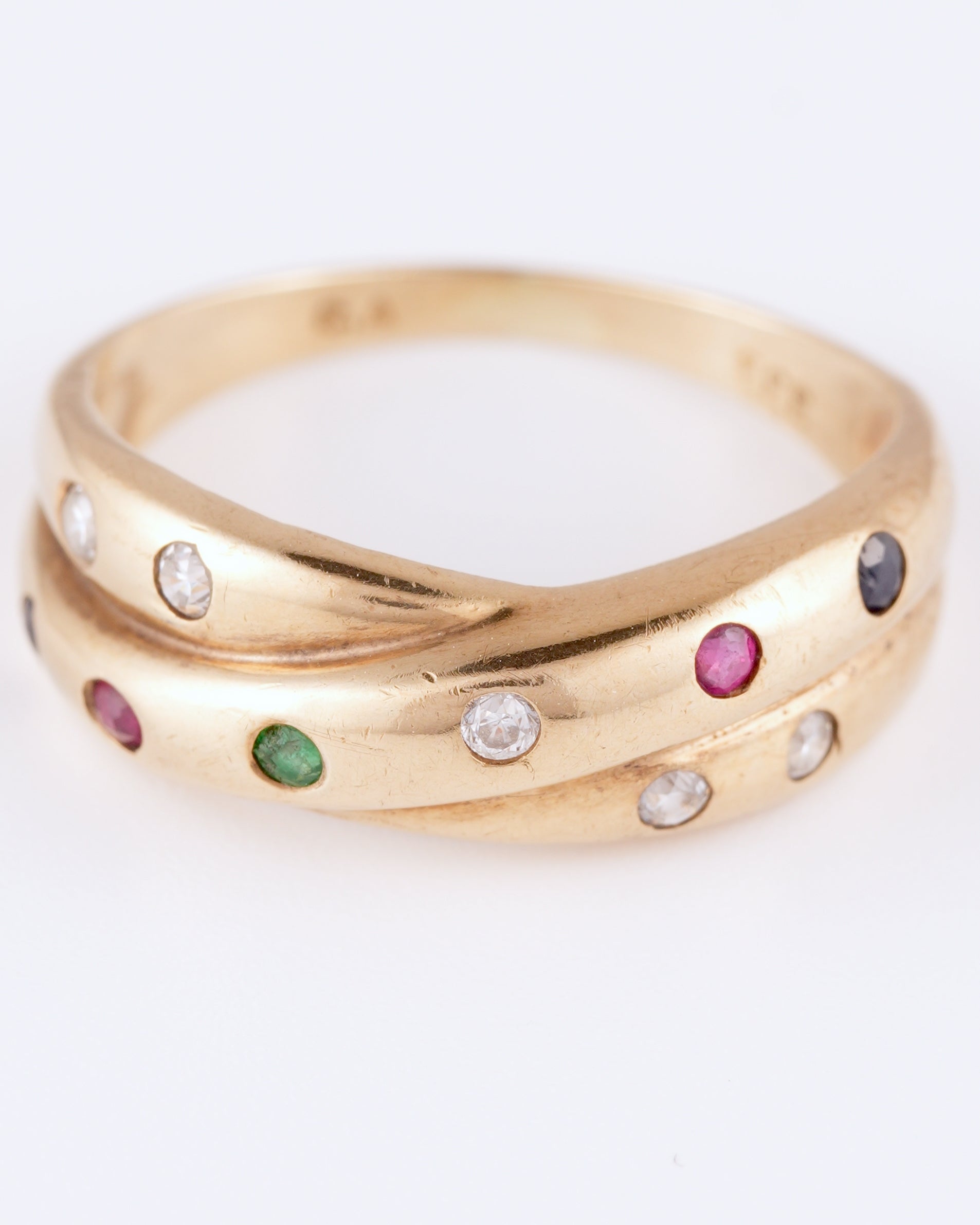 Verspielter Vintage-Ring im Crossover-Design mit bunten Edelstein-Akzenten