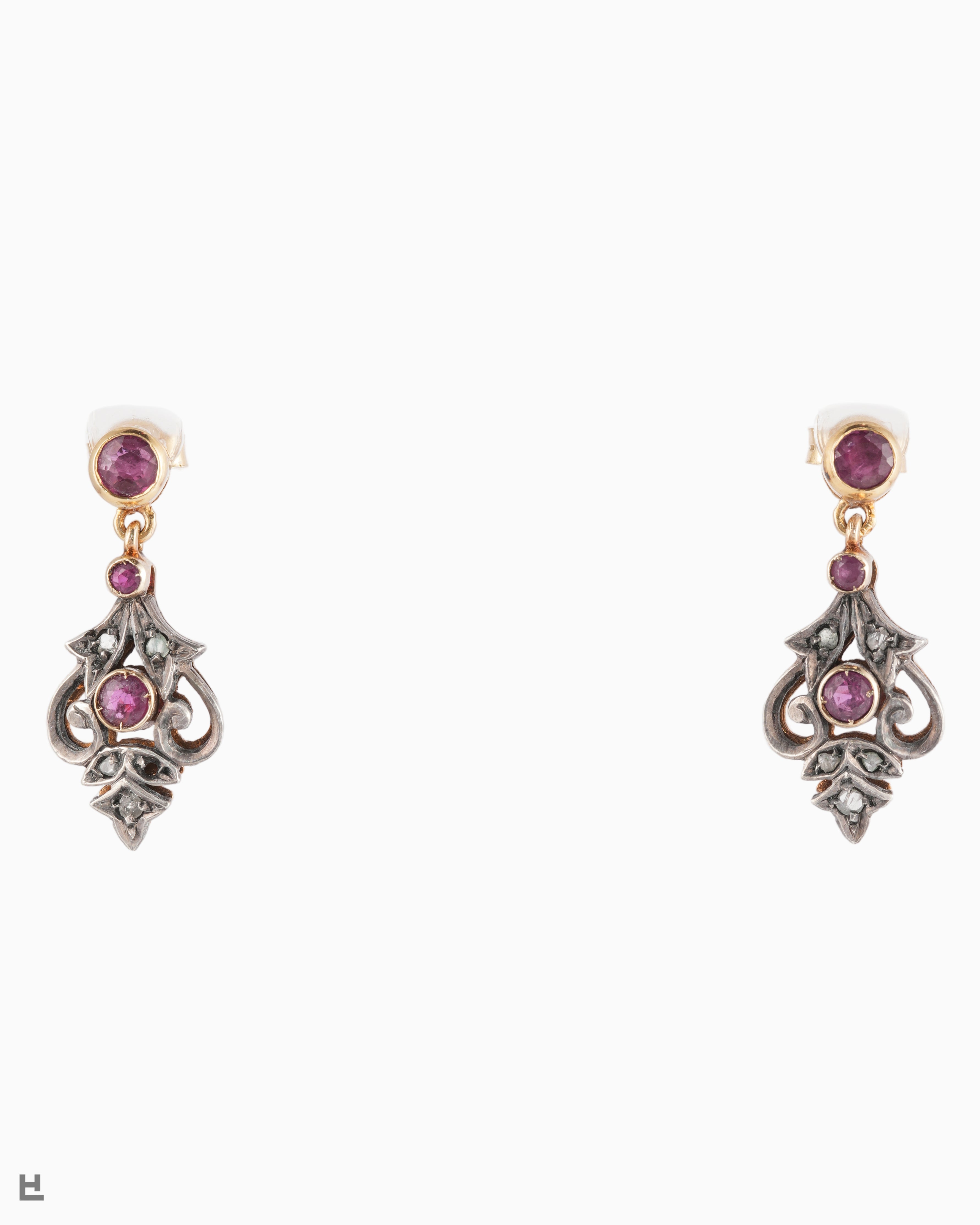Pendientes Antiguos Art Nouveau con Rubíes y Diamantes Rosas