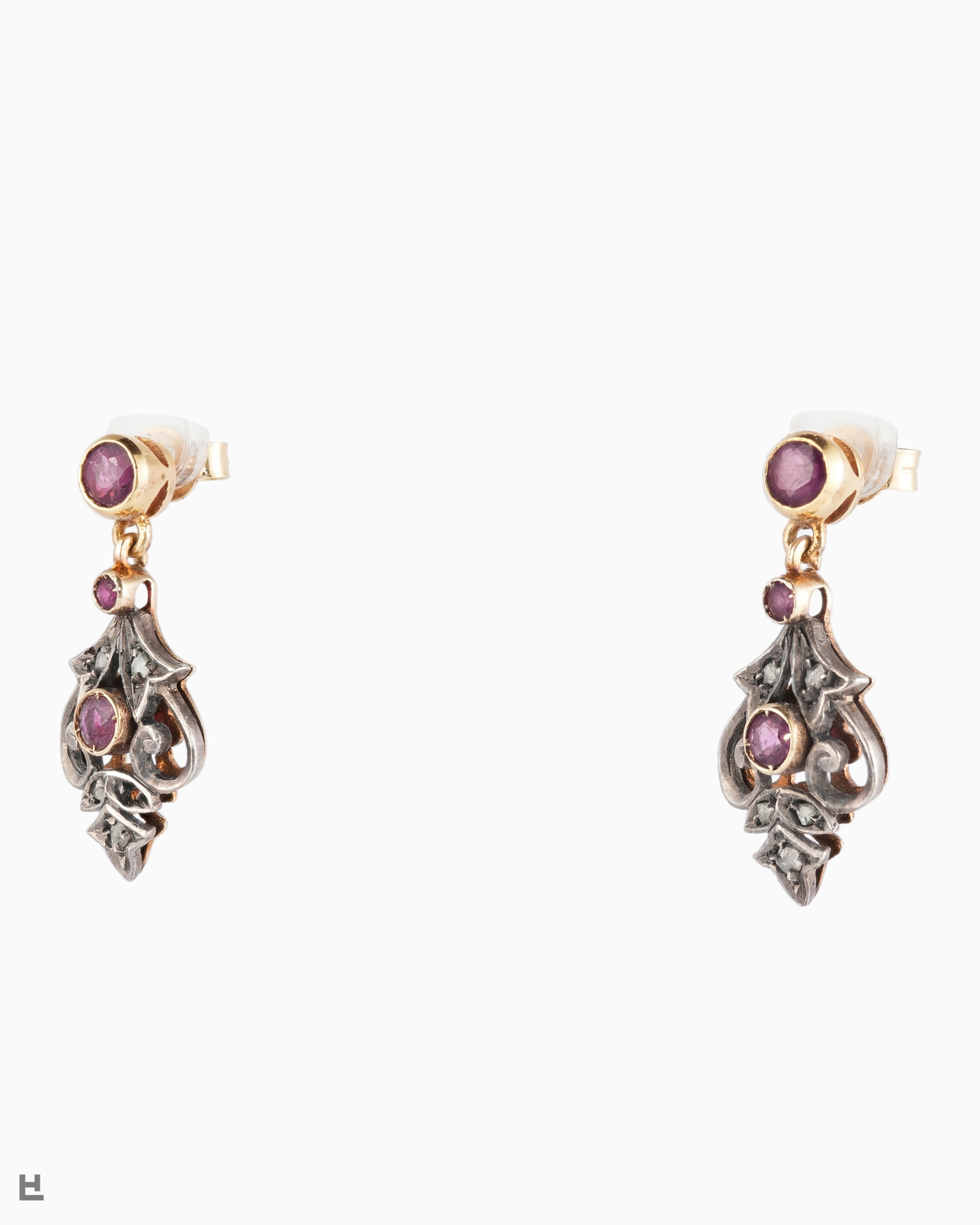 Pendientes Antiguos Art Nouveau con Rubíes y Diamantes Rosas