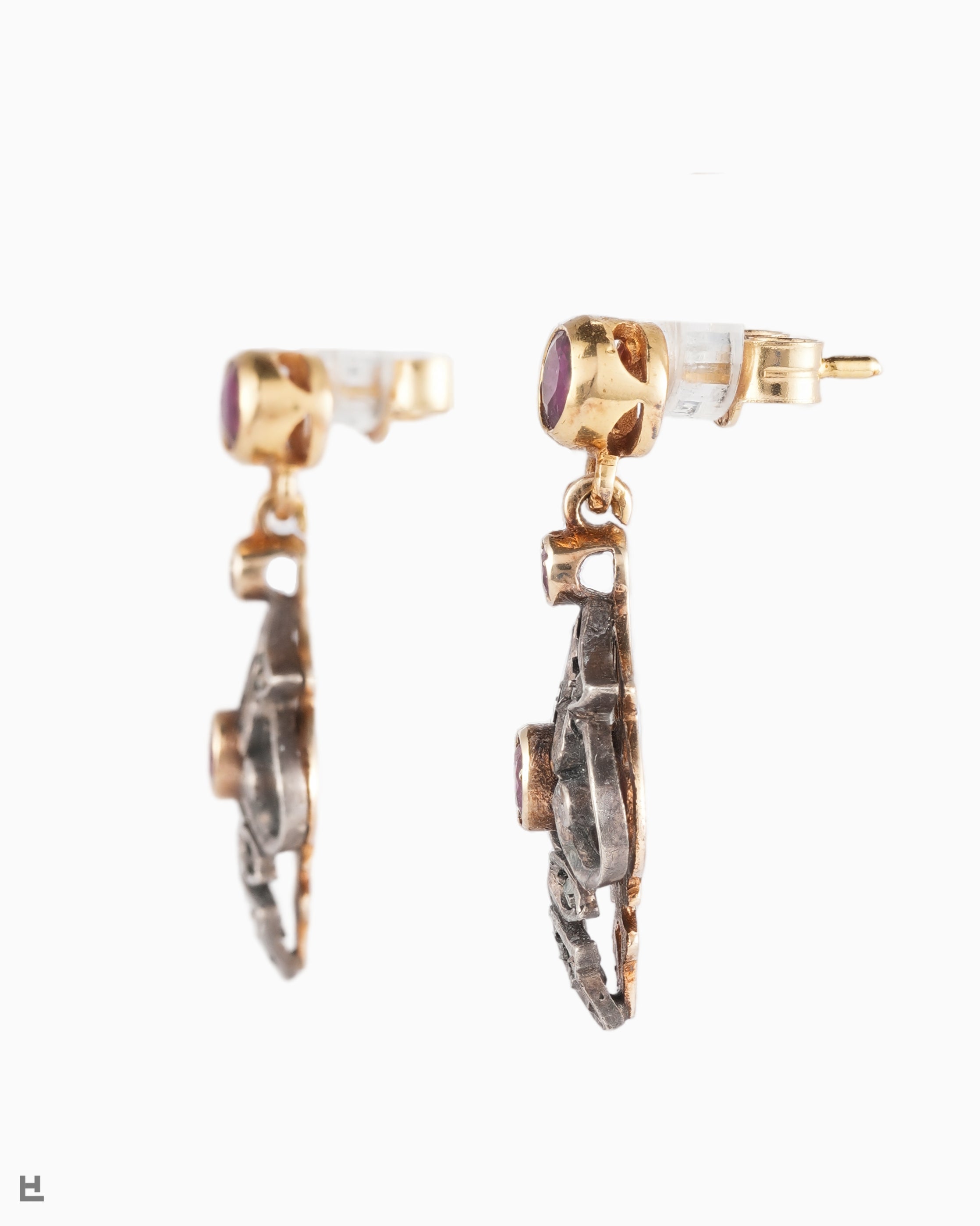 Pendientes Antiguos Art Nouveau con Rubíes y Diamantes Rosas