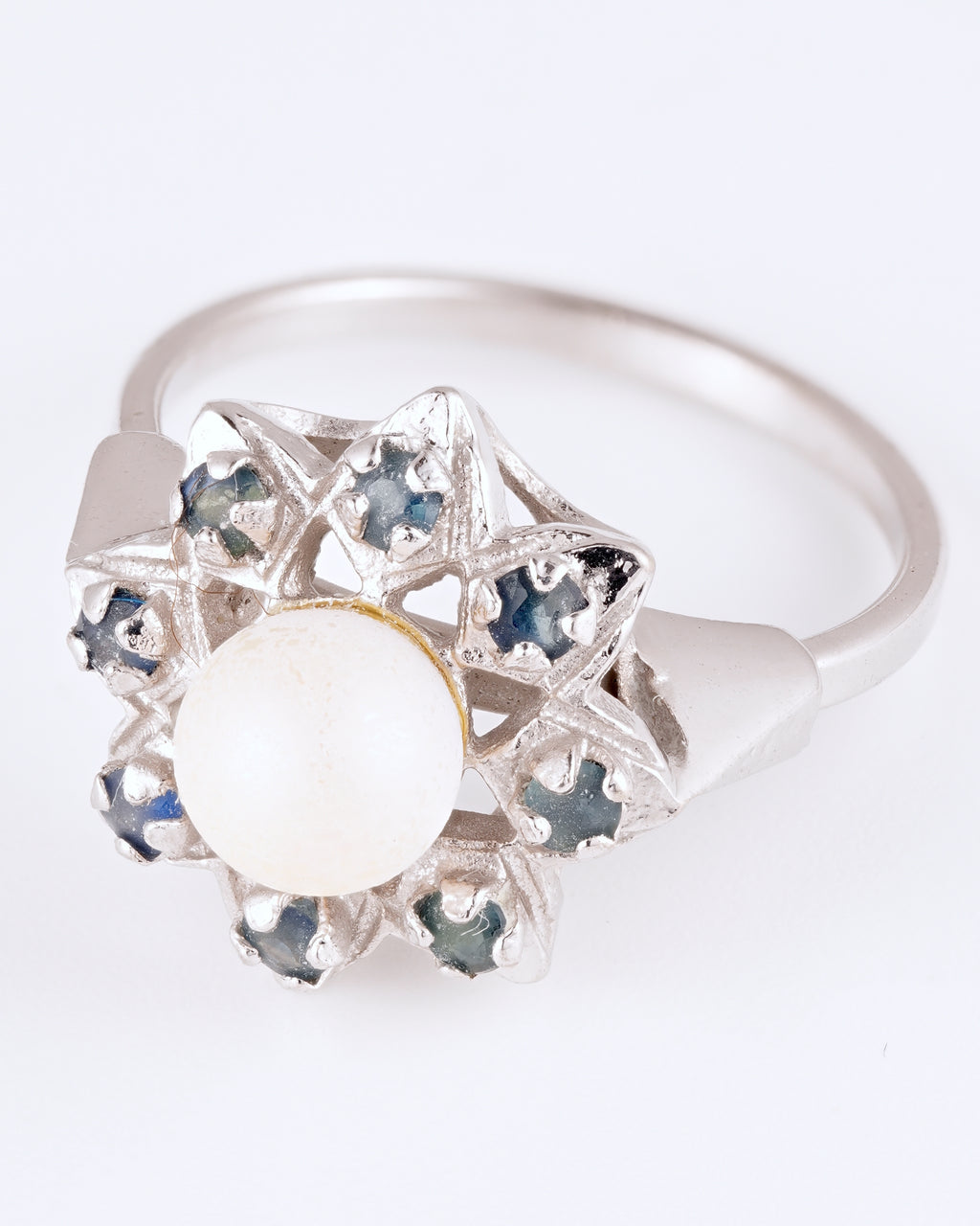 Classic Silver Pearl Ring with Blue Sapphires in Star Setting