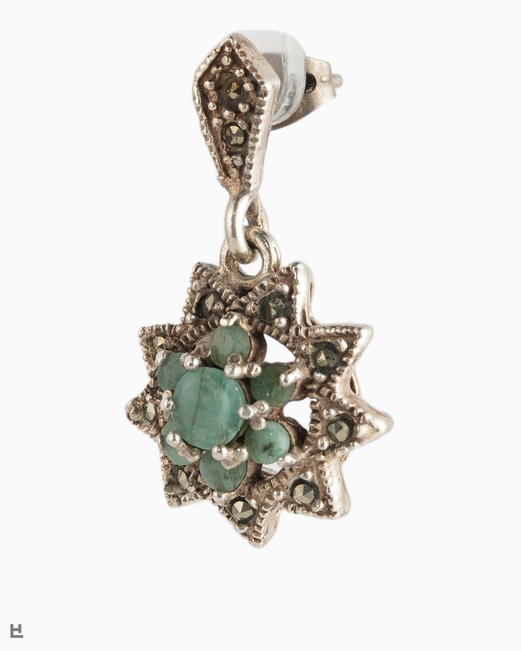 Vintage Silber Ohrhänger florale Stern-Rosette Smaragd