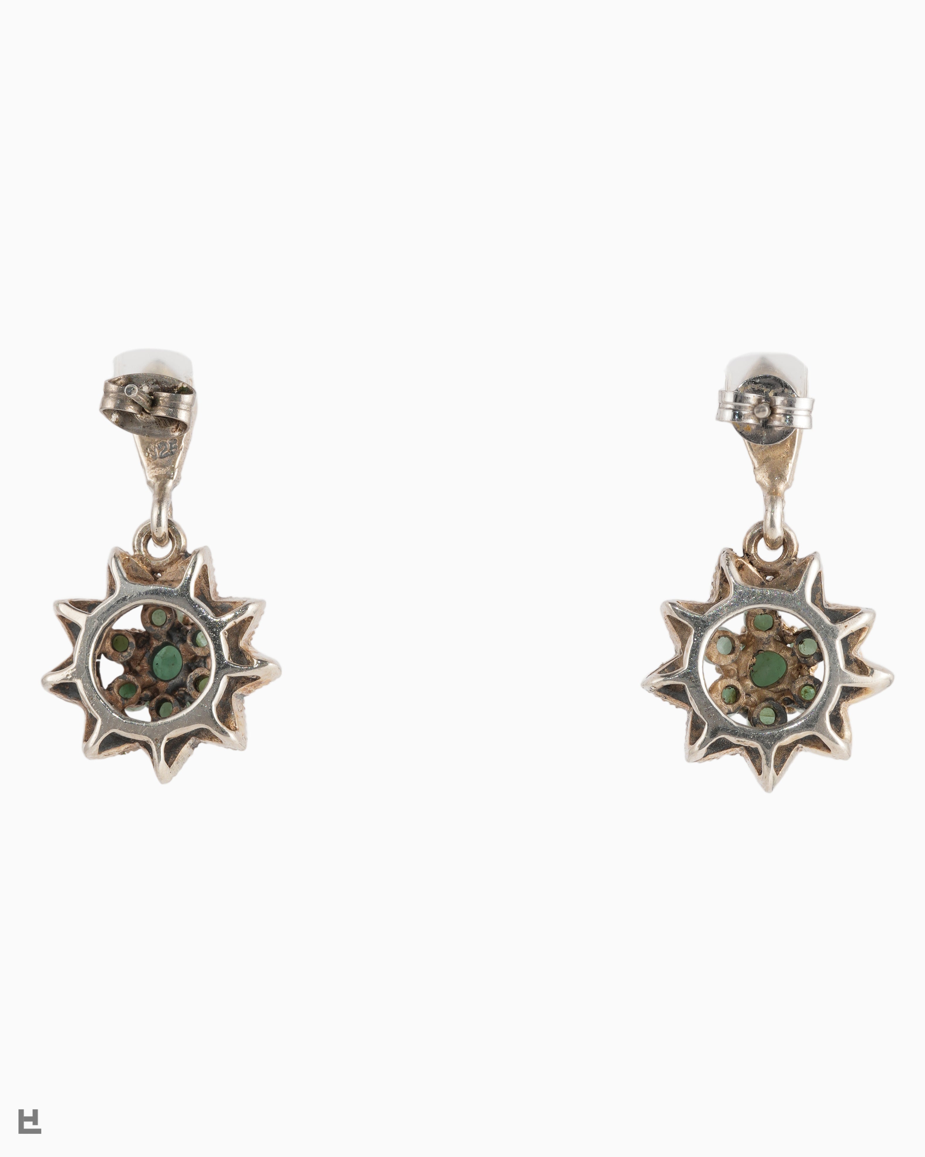 Vintage Silber Ohrhänger florale Stern-Rosette Smaragd
