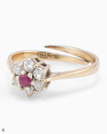 Vintage Flower Ring with a Ruby-Red Heart on an Open Shank