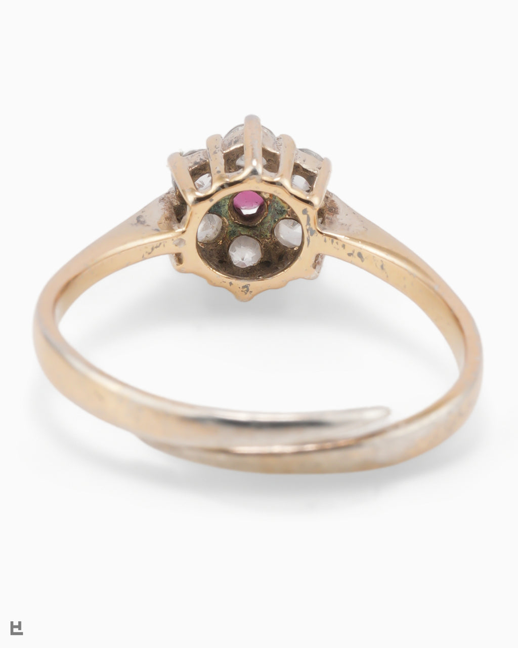 Vintage Flower Ring with a Ruby-Red Heart on an Open Shank