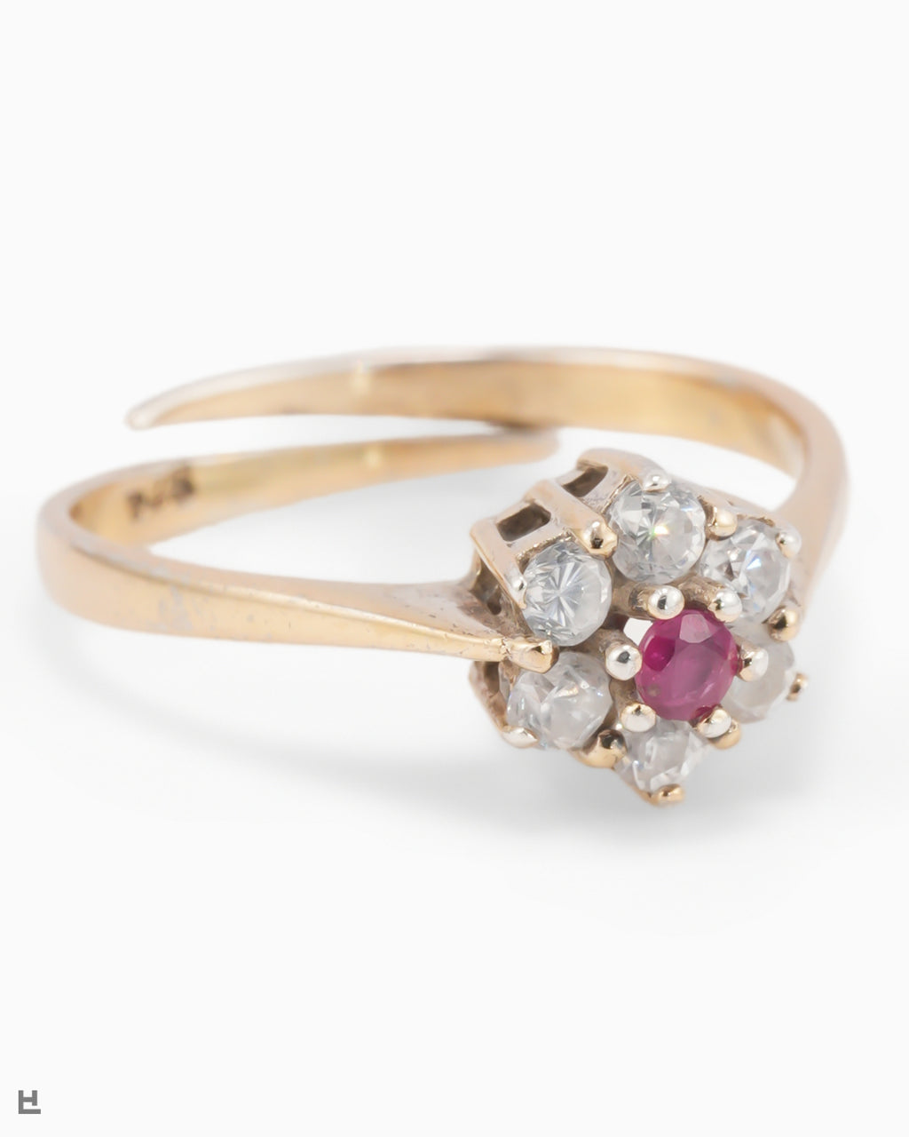 Vintage Flower Ring with a Ruby-Red Heart on an Open Shank