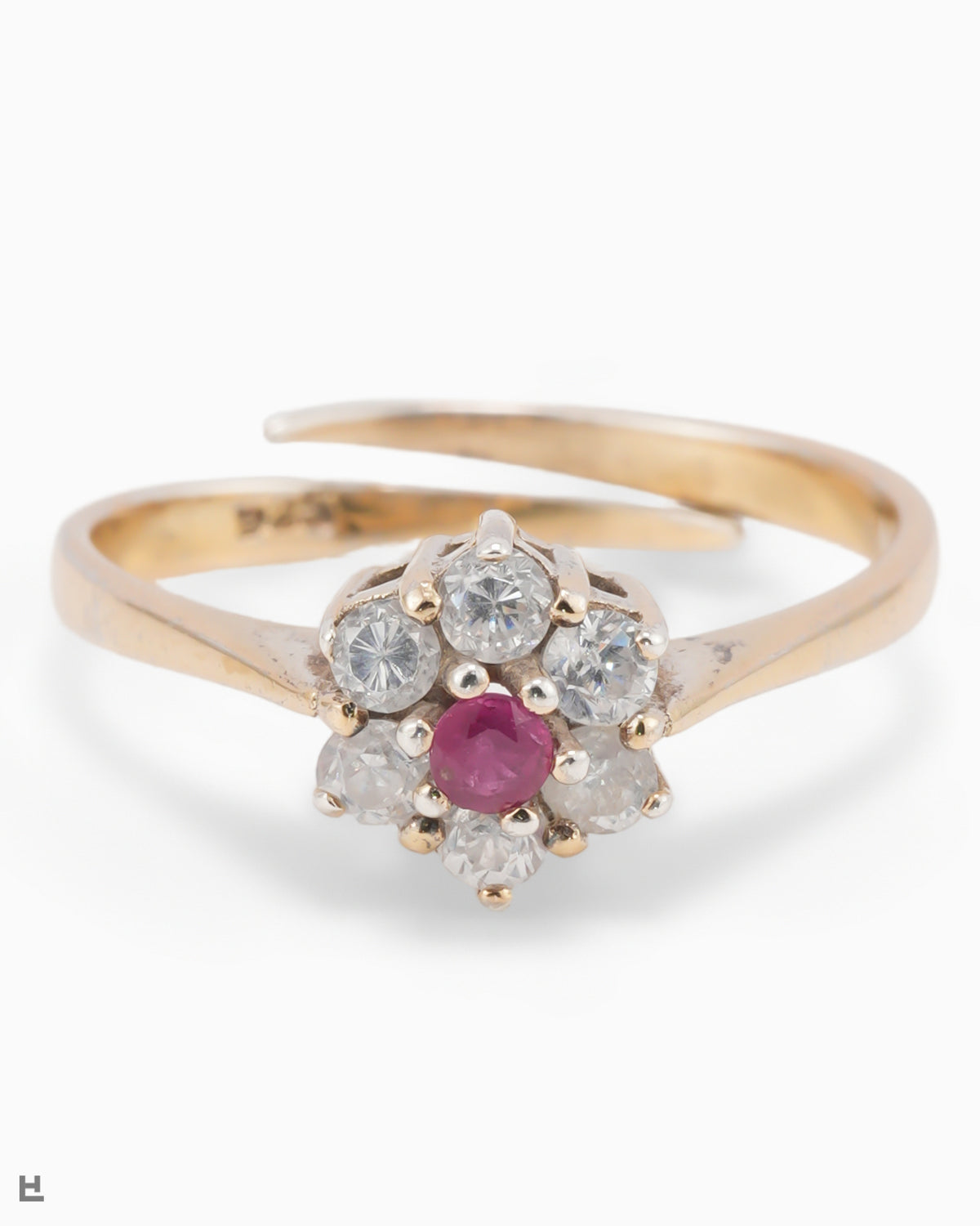 Vintage Flower Ring with a Ruby-Red Heart on an Open Shank