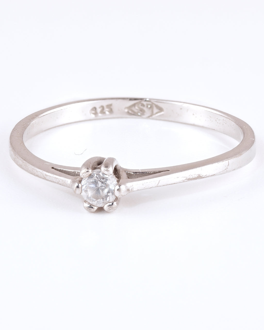 Filigree Silver Solitaire Ring with Clear Stone