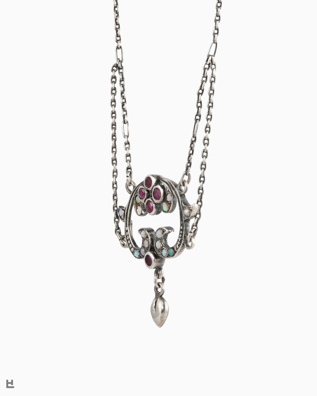 Collier Art nouveau en argent aux vagues d'opales et fleur rouge