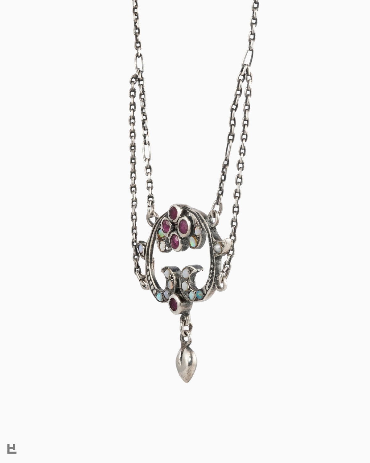 Collier Art nouveau en argent aux vagues d'opales et fleur rouge