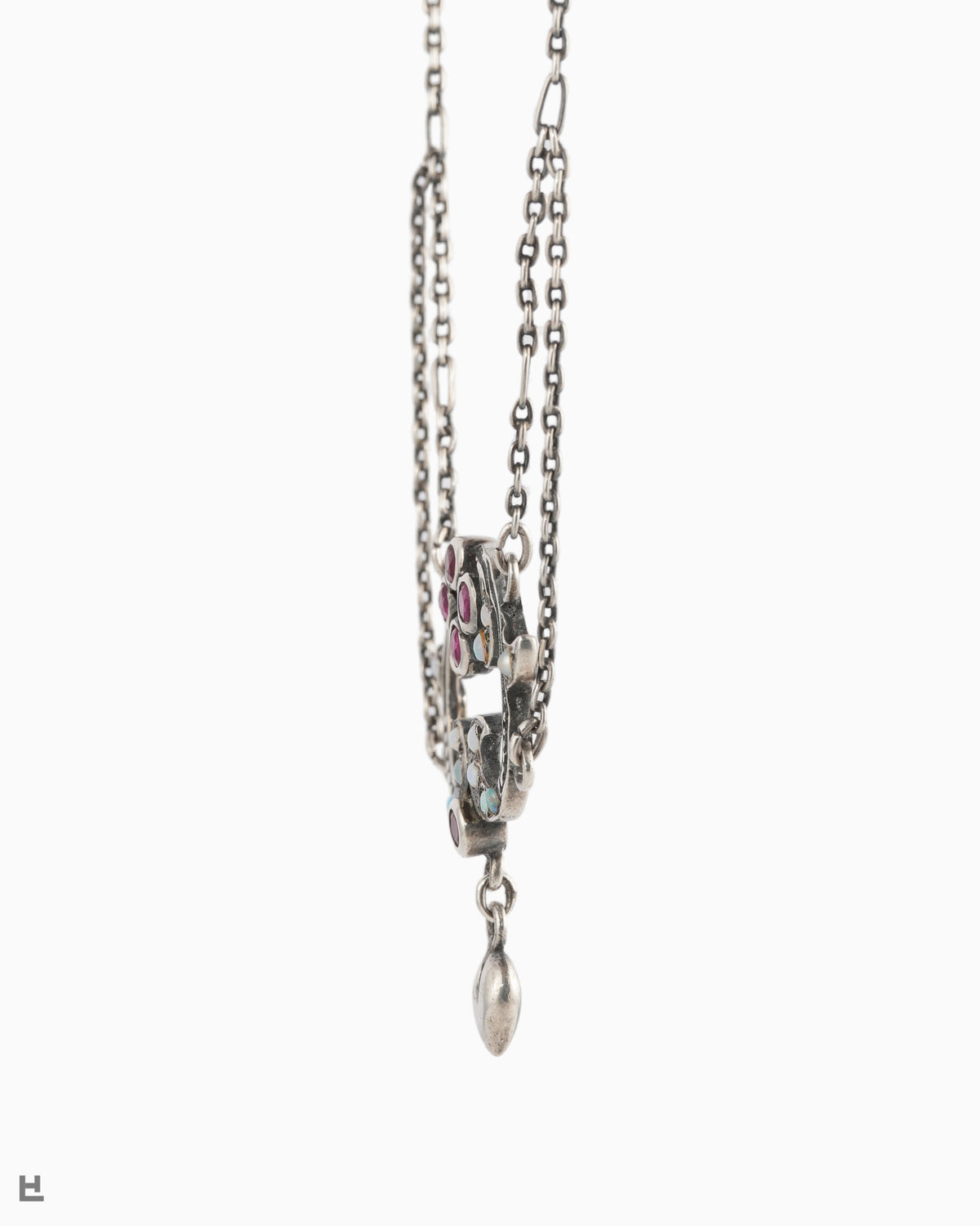 Collier Art nouveau en argent aux vagues d'opales et fleur rouge
