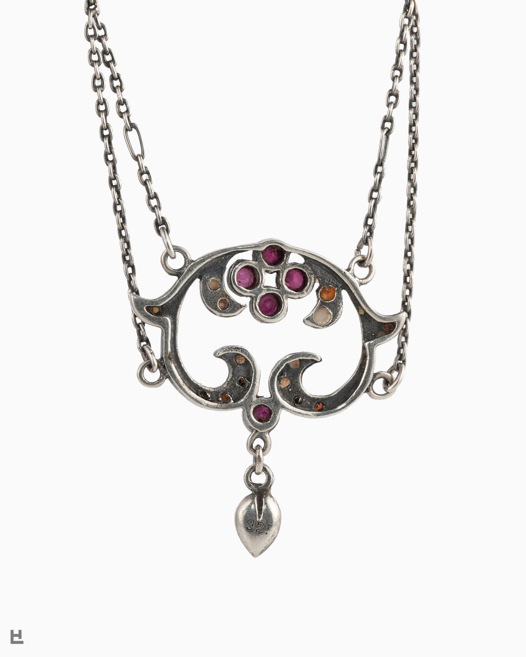 Collier Art nouveau en argent aux vagues d'opales et fleur rouge