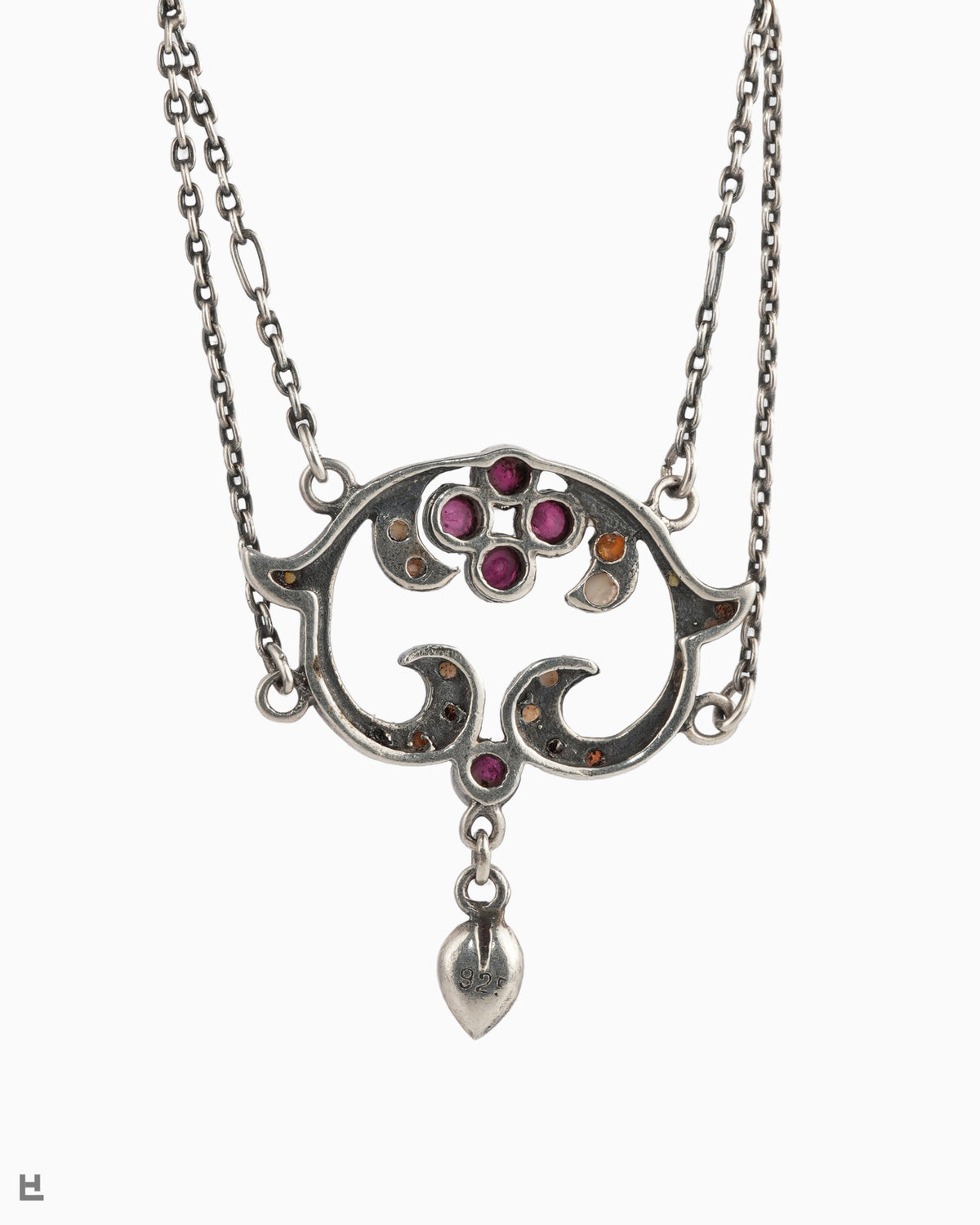 Collier Art nouveau en argent aux vagues d'opales et fleur rouge