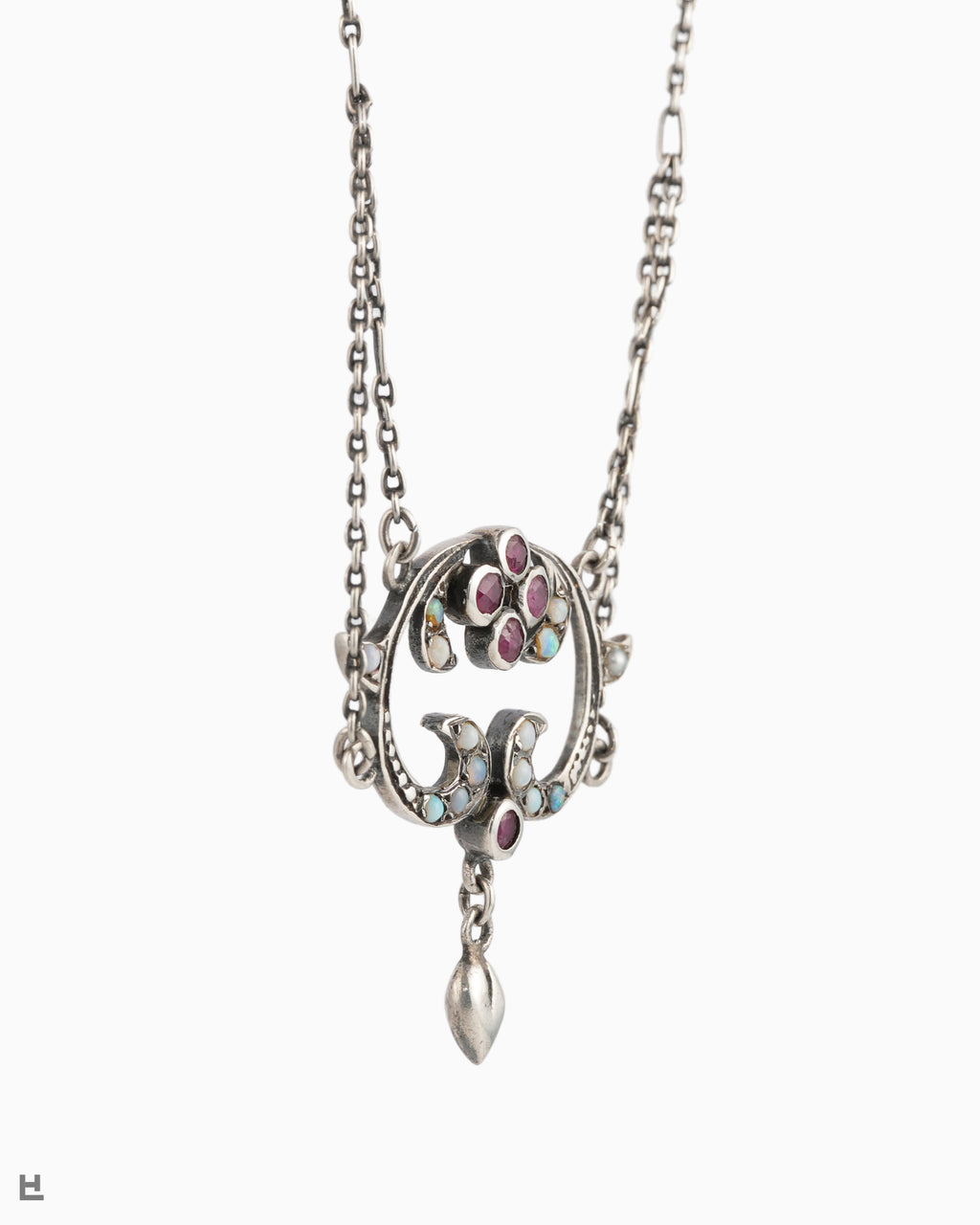 Collier Art nouveau en argent aux vagues d'opales et fleur rouge