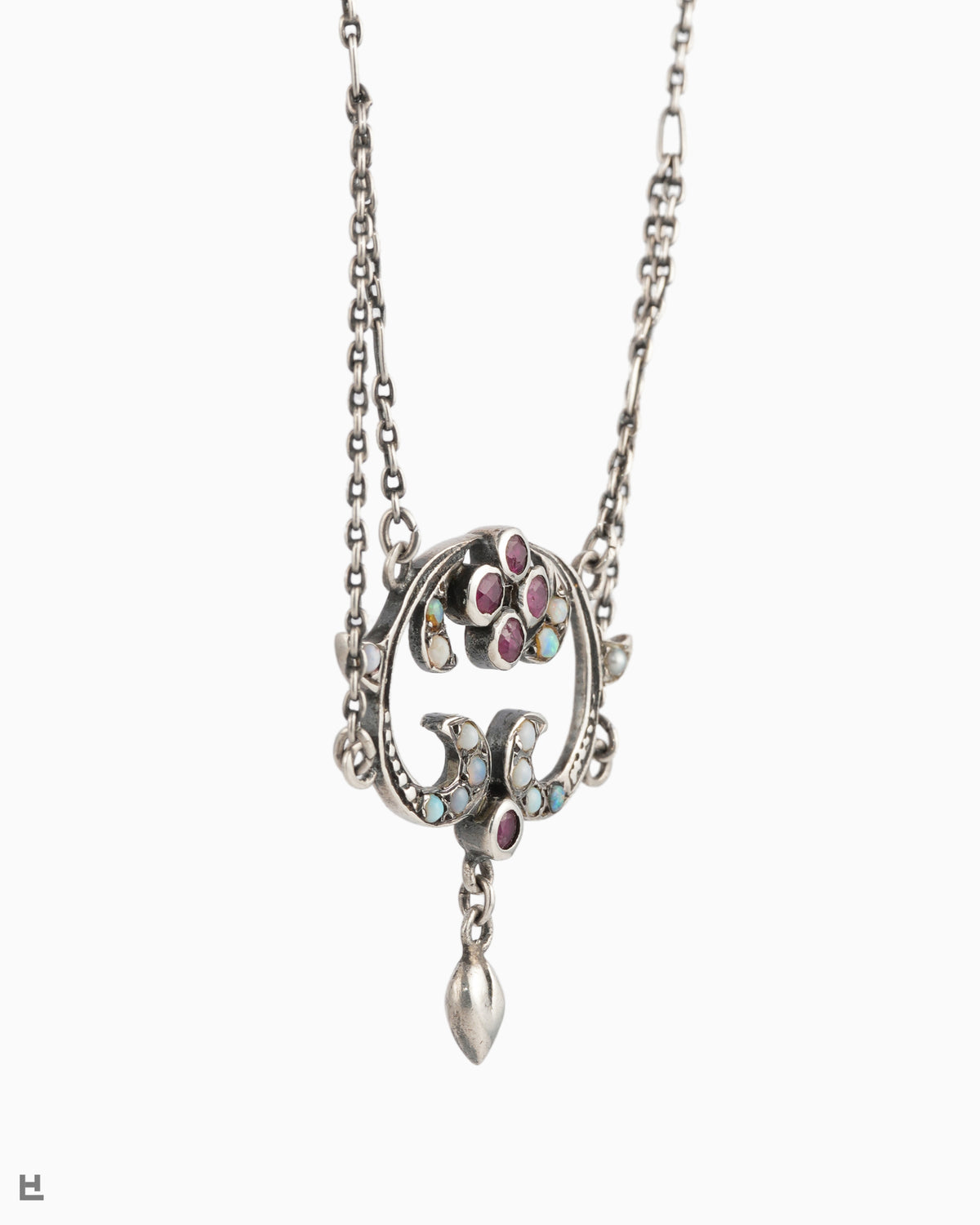Collier Art nouveau en argent aux vagues d'opales et fleur rouge