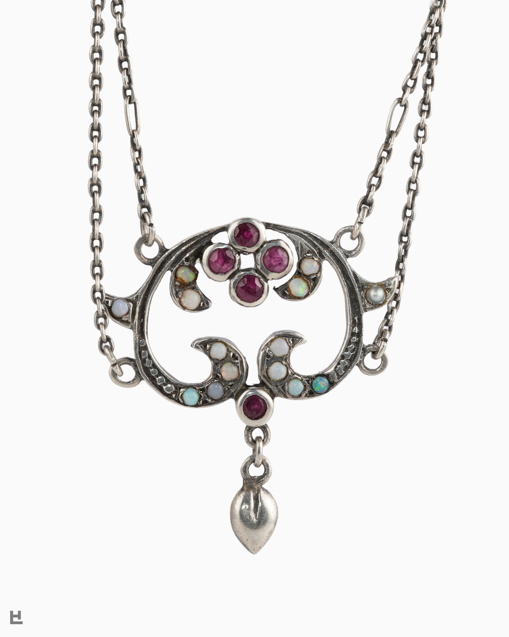 Collier Art nouveau en argent aux vagues d'opales et fleur rouge