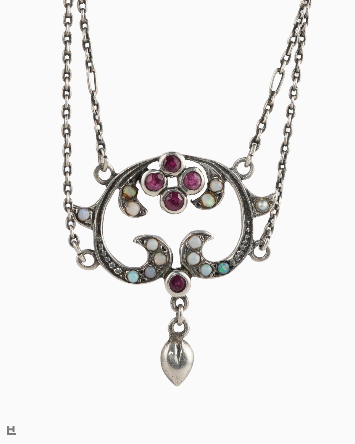 Collier Art nouveau en argent aux vagues d'opales et fleur rouge