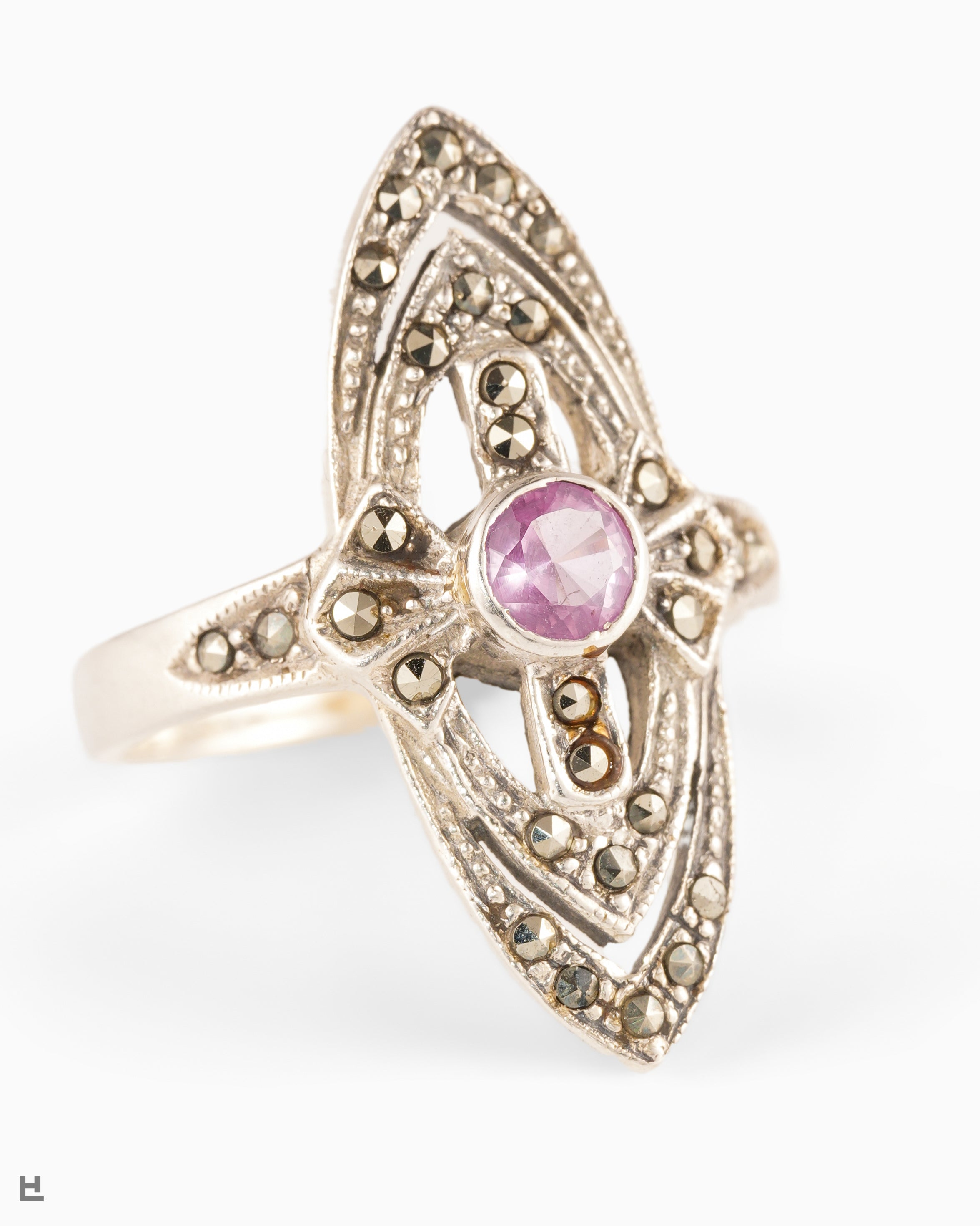 Vintage-Stil Navette-Ring aus Silber mit lila Stein und Markasit