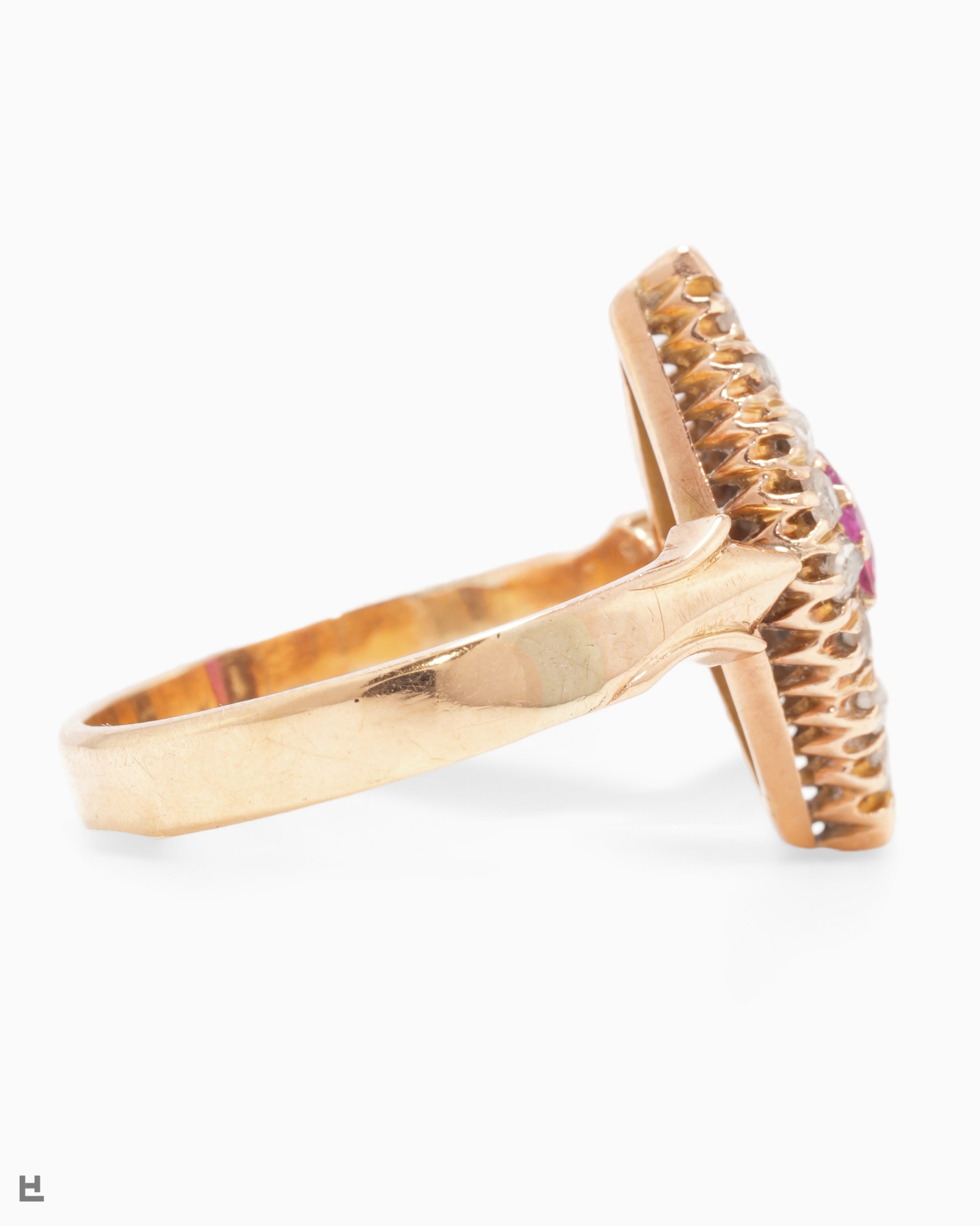 Antique Rose Gold Navette Ring with Ruby and Old Cut Diamonds