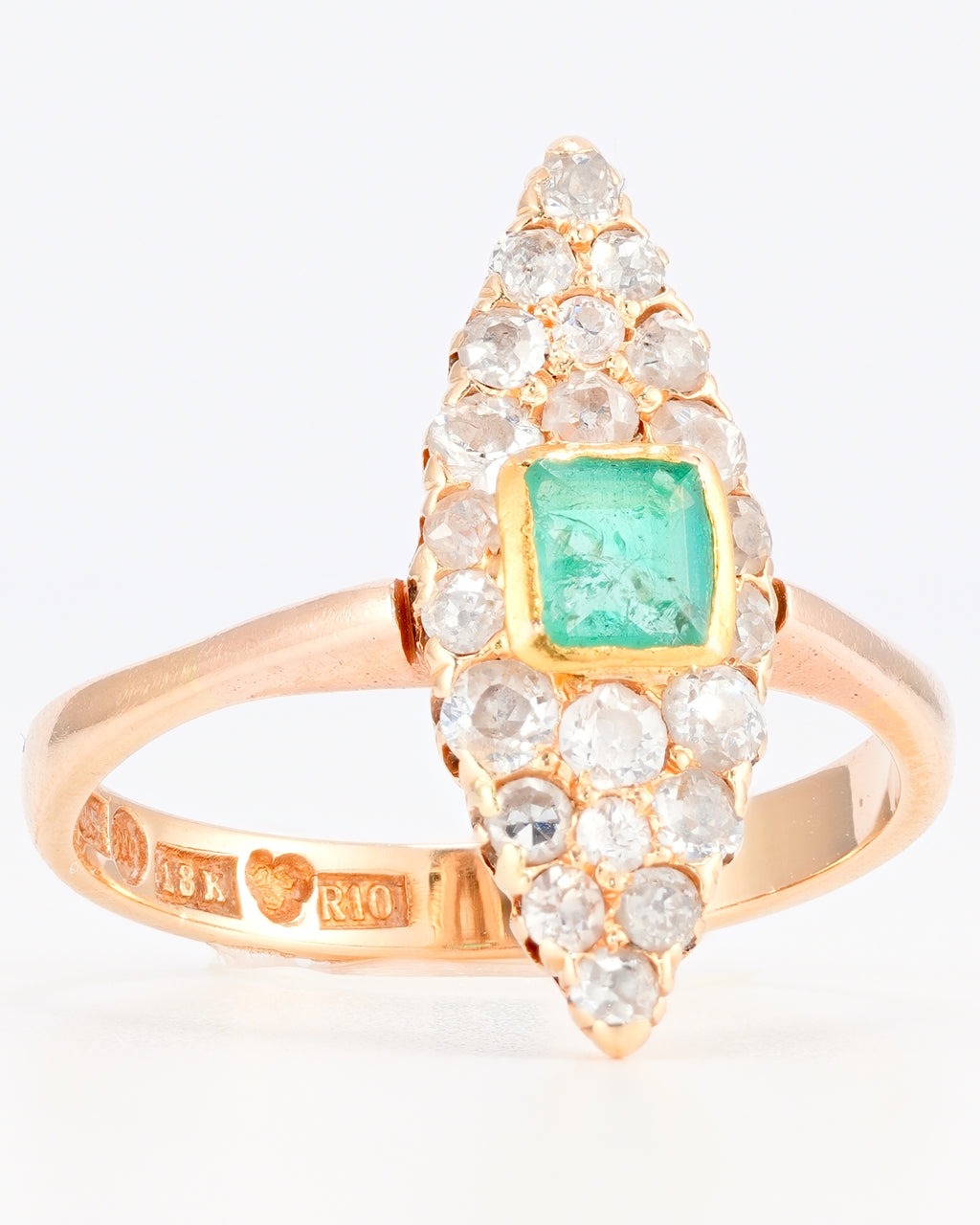 Exquise Bague Navette en Or Jaune 18K avec Émeraude et Diamants Taille Ancienne