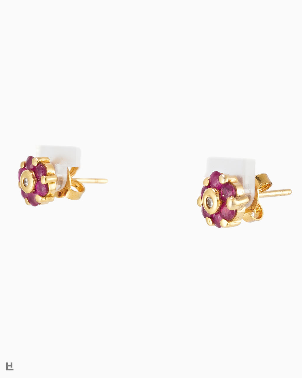 Florale Vintage Ohrstecker Gelbgold mit Rubin und Diamant