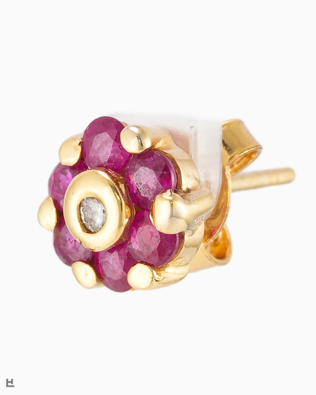 Florale Vintage Ohrstecker Gelbgold mit Rubin und Diamant