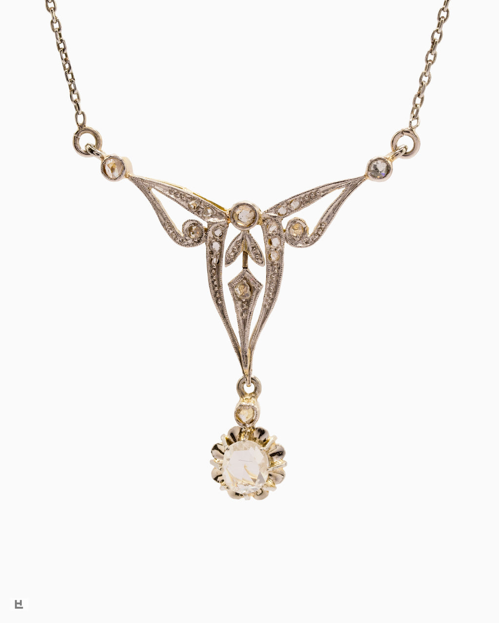 Antikes 18K Bicolor-Collier im Jugendstil mit Rosenschliff-Diamanten