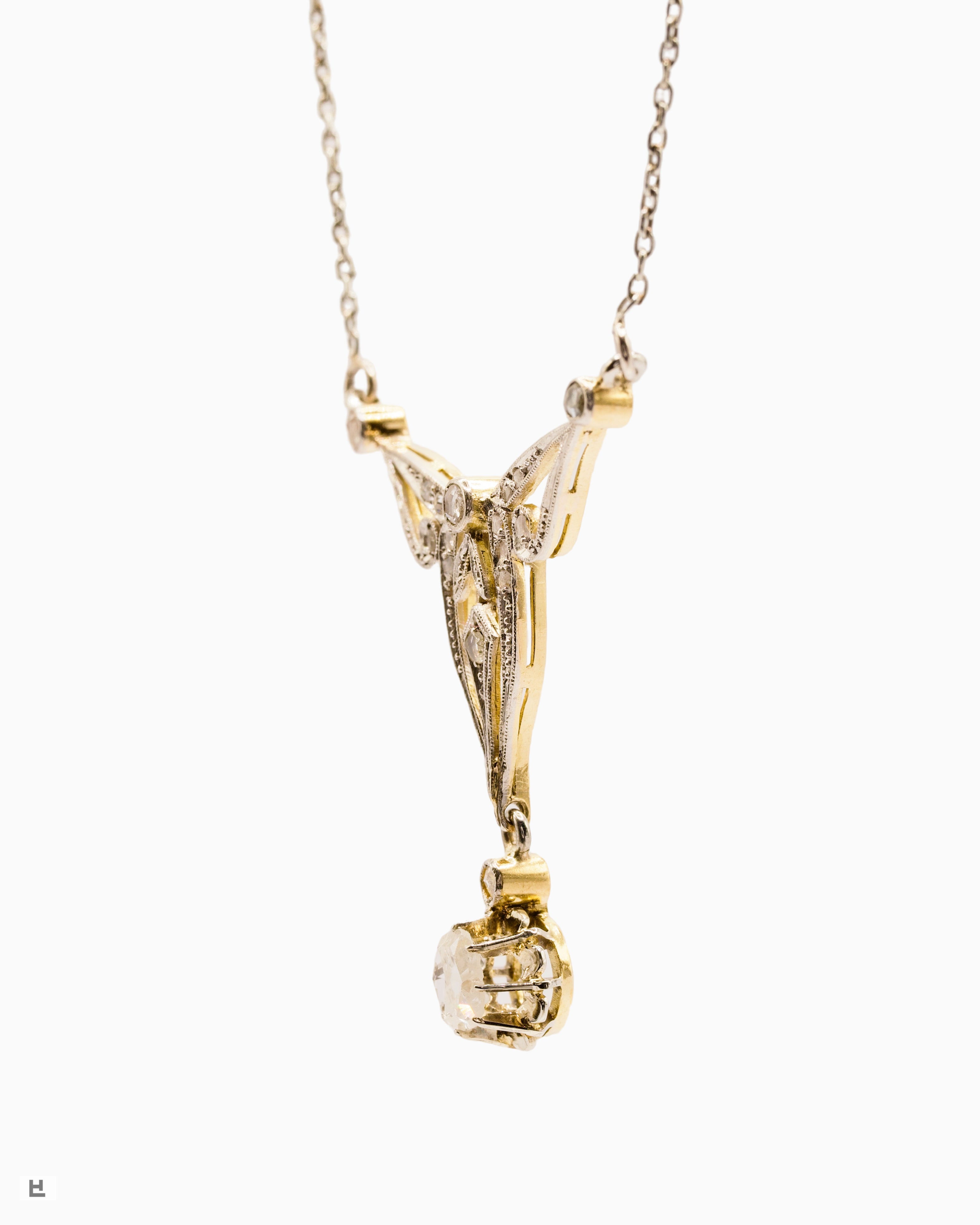Antikes 18K Bicolor-Collier im Jugendstil mit Rosenschliff-Diamanten